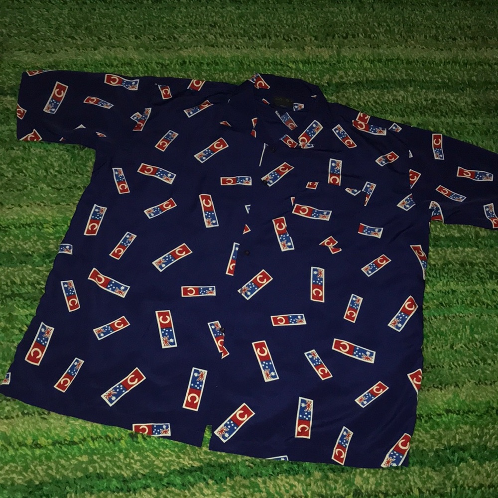 COOGI Mens 3XL Navy Short Sleeve Button Down Shirt Red White Graphic Motif